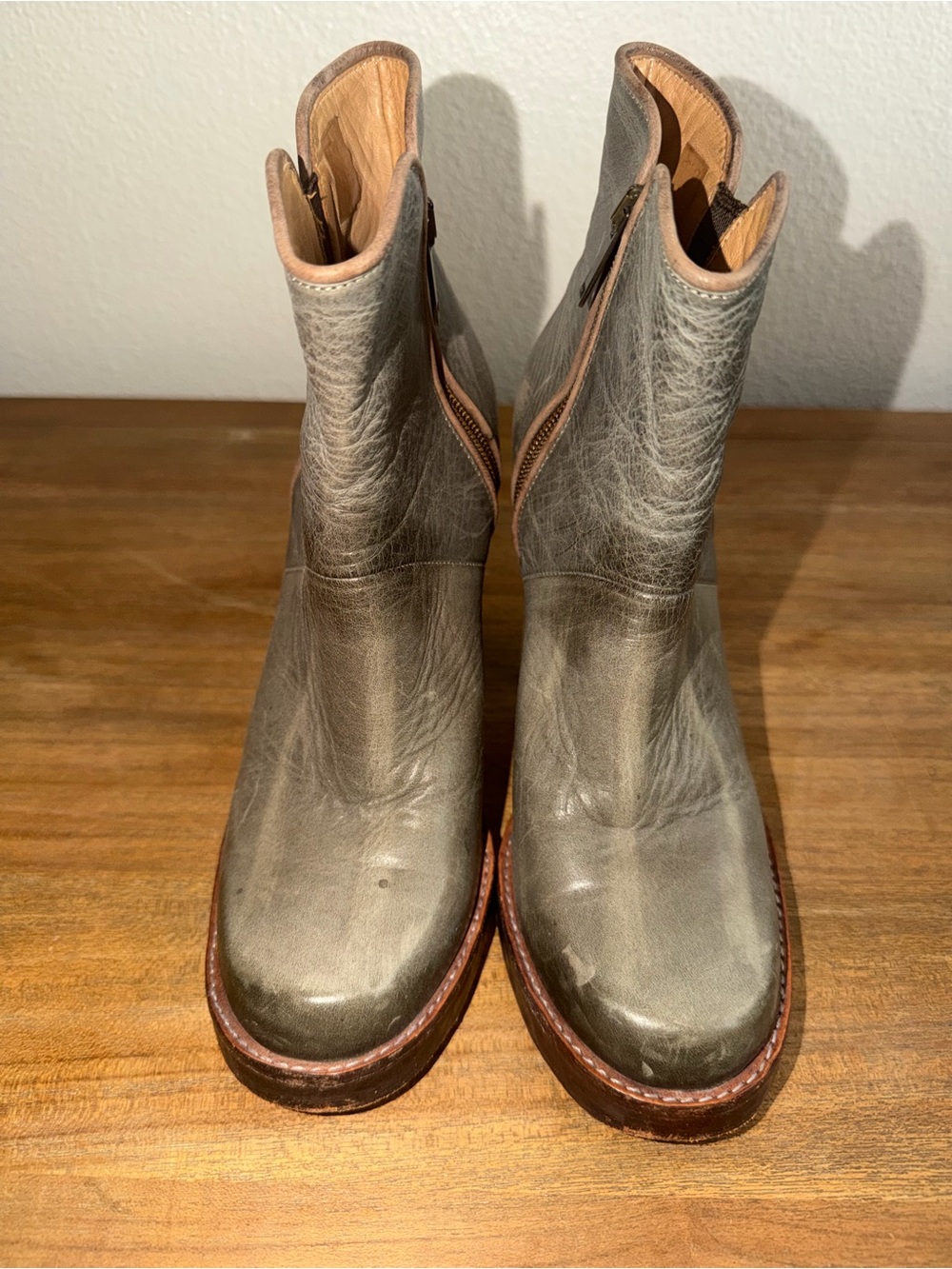 John Fluevog Olive Green Leather Zip Ankle Boots